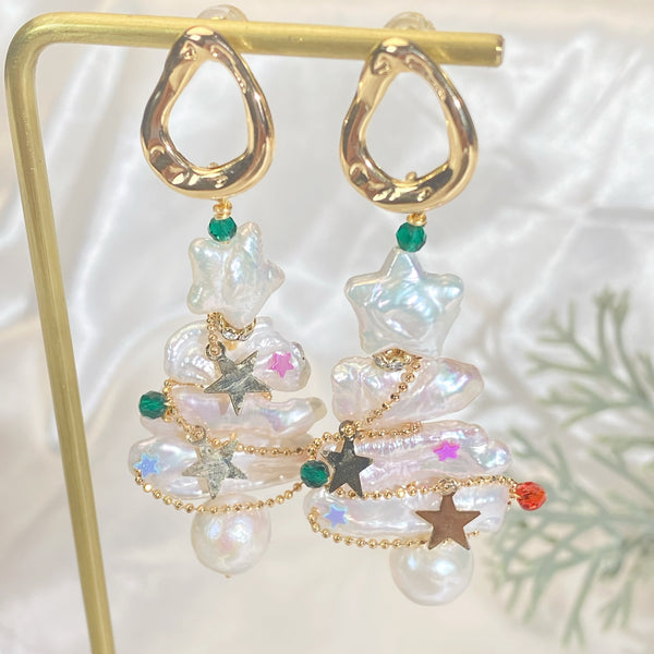 Handmade X'mas tree pearls/crystal earrings - pearlsclam
