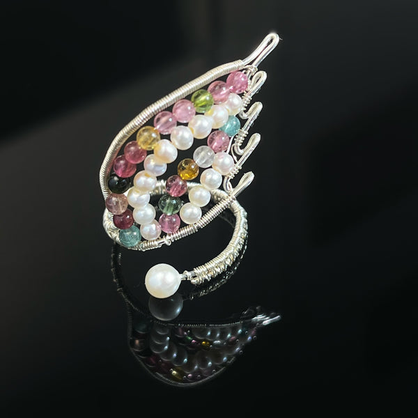 Handmade Wire Wrapping Tourmaline/fresh water Pearls adjustable Ring(Including pearls) - pearlsclam