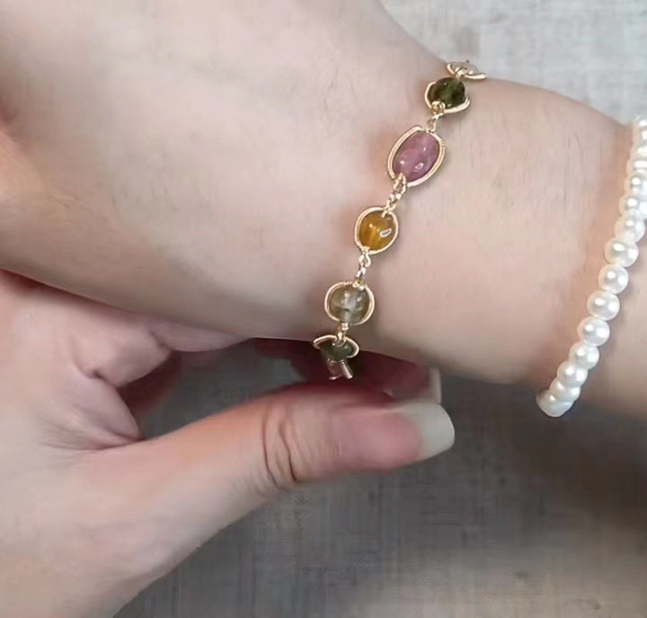 Handmade wire wrapping Colorful  rotatable Tourmaline Bracelet - pearlsclam