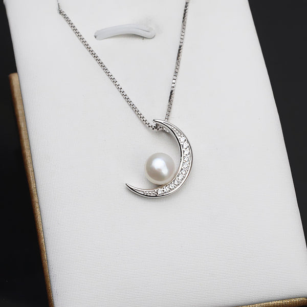 S925 Sterling Silver Moon(Type A) Pendant Accessory Pearl Holder with chain (Doesn't include pearl) - pearlsclam