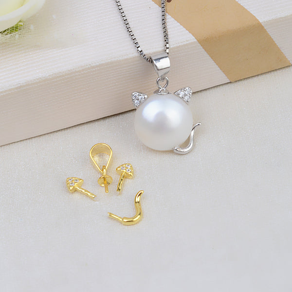 S925 Sterling silver Kitty Pendant Accessory Pearl Holder with chain (Doesn't include pearl) - pearlsclam