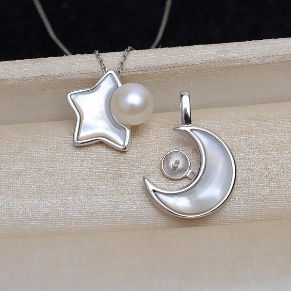 S925 Sterling Silver Moon(Type B) Pendant Accessory Pearl Holder with chain (Doesn't include pearl) - pearlsclam