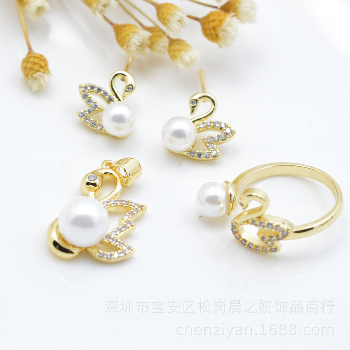 Swan DIY Accessories set(Type A) Ring/Studs/Pendant+Chain(Doesn't include pearl) - pearlsclam